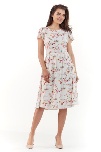 Sukienka Rozkloszowana Ecru w Kwiaty AW218