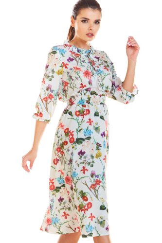 Zwiewna Midi Sukienka w Kwiaty Ecru IN201