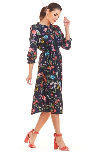 Zwiewna Midi Sukienka w Kwiaty Granatowa IN201 