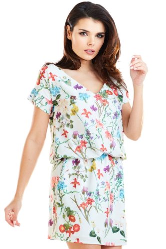 Mini Sukienka w Kwiaty Ecru AW264 