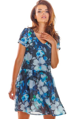 Zwiewna Sukienka w Kwiaty Granatowa AW298