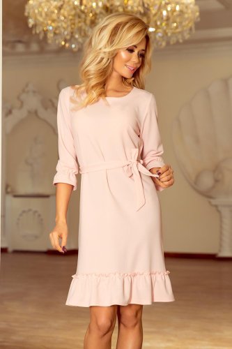 Urocza Sukienka z Falbankami i Paskiem Pudrowa NU193-2