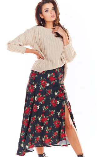 Spódnica z Rozcięciem w Kwiaty Czarny AW328
