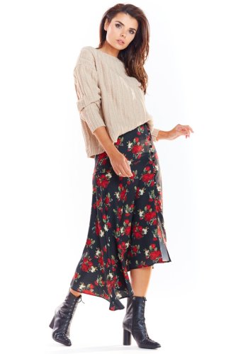 Spódnica z Rozcięciem w Kwiaty Czarny AW328