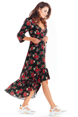 Asymetryczna Sukienka w Kwiaty Wzór Czarny AW322