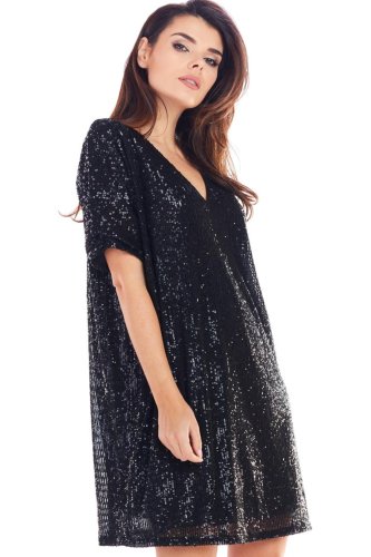 Luźna Mini Sukienka w Czarne Cekiny AW347