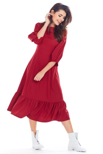 Sukienka Midi z Falbanką Bordo AW345 