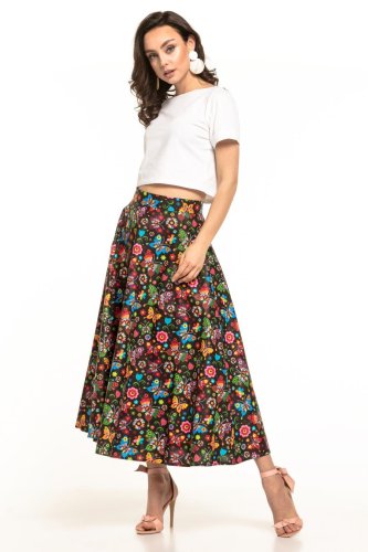 Długa Spódnica Wzór Łowicki Czarny TE313 