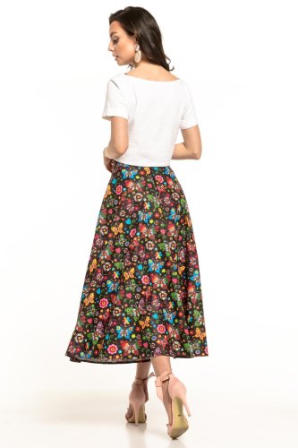 Długa Spódnica Wzór Łowicki Czarny TE313 