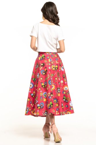 Długa Spódnica Wzór Łowicki Czerwony TE313  