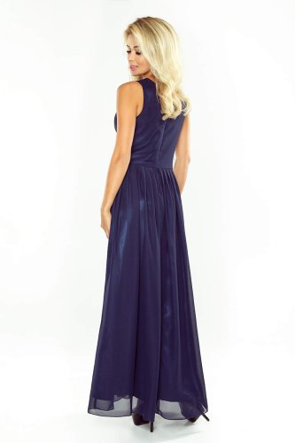 Szyfonowa Sukienka Maxi z Rozcięciem Granatowa NU166-1