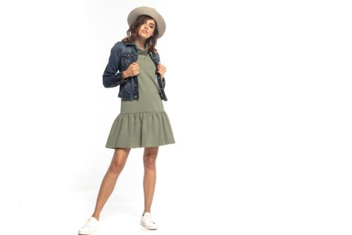 Sportowa Sukienka z Golfem Khaki TE356  