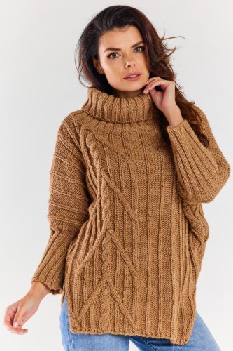 Ciepły Sweter z Golfem Karmelowy AW477 