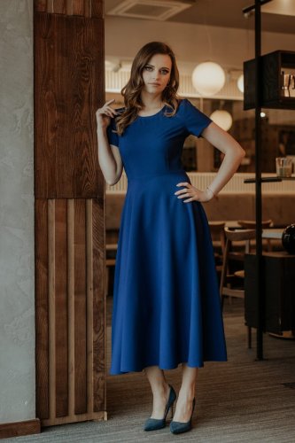 Rozkloszowana Sukienka Granatowa TE372 