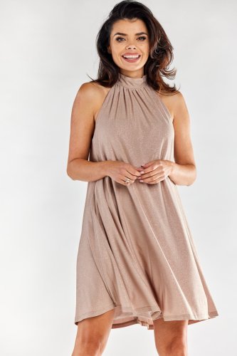 Rozkloszowana sukienka z ozdobnym marszczeniem dekoltu Beżowa AW556