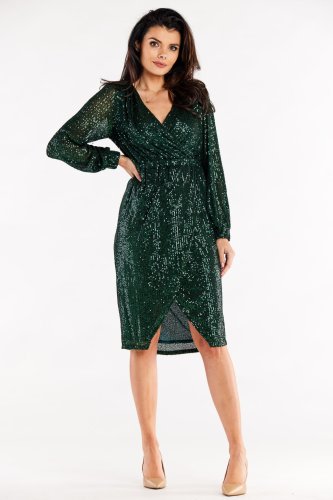 Sukienka kopertowa z cekinów Butelkowa Zieleń AW565 