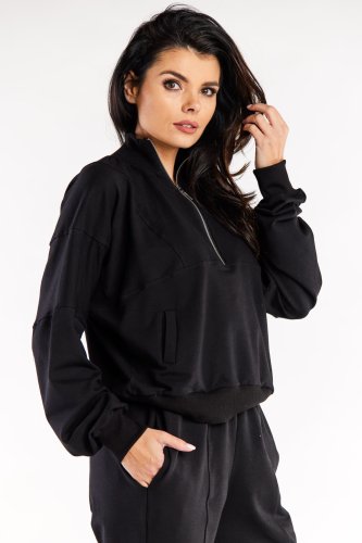Luźna bluza na zamek Czarna IN316