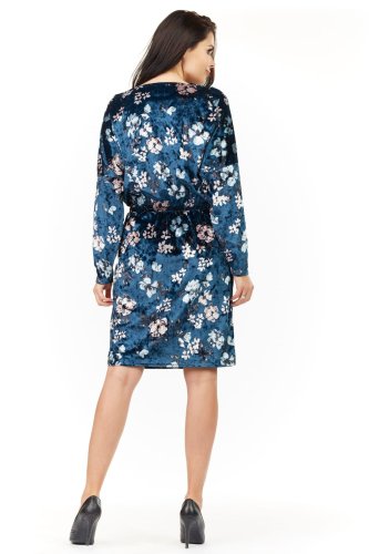 Sukienka welurowa Granatowa Kwiaty AW201 