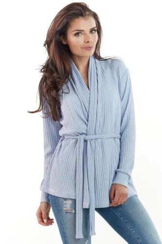 Sweter Wiązany w Pasie Niebieski AW214