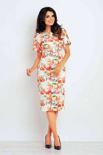 Sukienka z rozcięciem w pomarańczowe kwiaty IN102 