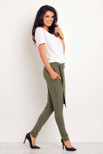 Spodnie z wiskozy z Wiązaniem Khaki IN105