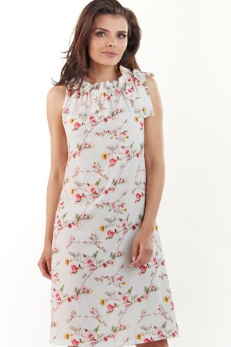 Luźna Letnia Sukienka Ecru w Kwiaty AW224