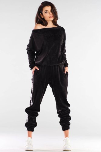 Luźne, welurowe spodnie Czarne AW409 