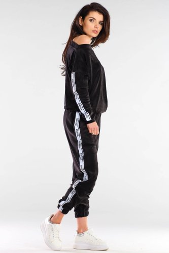 Luźne, welurowe spodnie Czarne AW409 