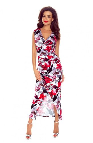 Sukienka z Kopertowym Dekoltem w Czerwone Kwiaty BE108-01