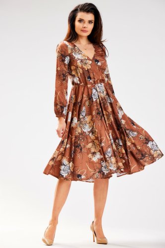 Rozkloszowana Sukienka Wzór Brązowy AW466