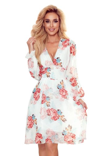 Szyfonowa sukienka z dekoltem Biała w kwiaty NU388-2