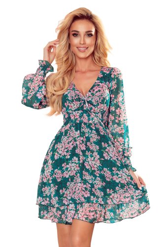 Sukienka z wiązanym dekoltem Zielona kwiaty NU410-2