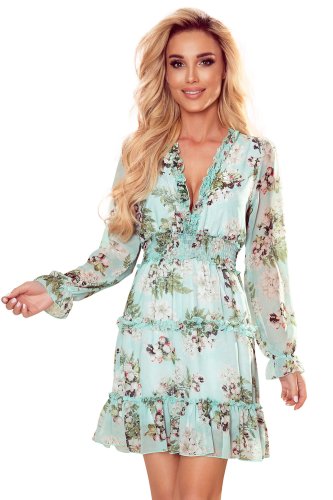 Sukienka z falbankami i szeroką gumą Zielona kwiaty NU421-2