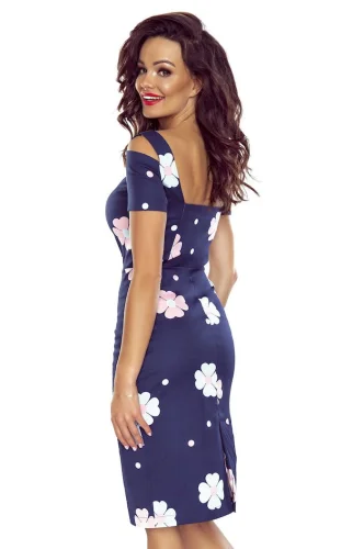Elegancka sukienka z krótkim rękawkiem Granatowa w kwiaty NU440-3
