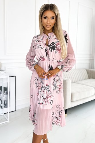Sukienka midi z długim rękawem Różowa w kwiaty NU449-4