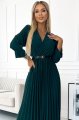 462-2 SERENA Plisowana sukienka maxi z dekoltem, paskiem i rękawem 3/4 - ZIELEŃ BUTELKOWA-4 10194