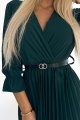 462-2 SERENA Plisowana sukienka maxi z dekoltem, paskiem i rękawem 3/4 - ZIELEŃ BUTELKOWA-6 10194
