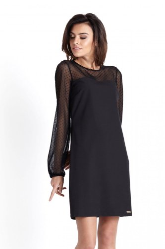 Wiskozowa Elegancka Sukienka z Rękawem z Siateczki w Kropki Czarna 226