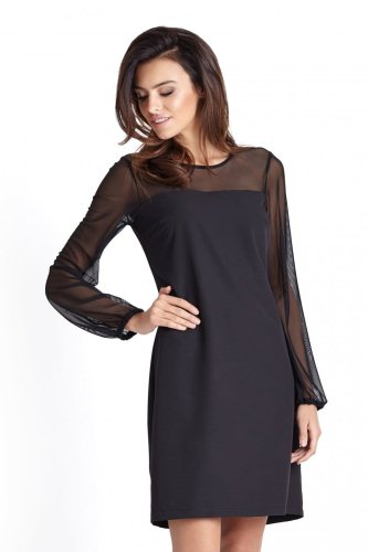 Wiskozowa Elegancka Sukienka z Rękawem z Siateczki Czarna 226