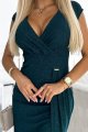 451-1 Błyszcząca sukienka z krótkim rękawkiem, dekoltem i rozcięciem na nodze - ZIELEŃ BUTELKOWA-6 10648