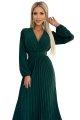 504-3 VIVIANA Plisowana sukienka midi z dekoltem, długim rękawkiem i szerokim paskiem - ZIELEŃ BUTELKOWA-8 10734