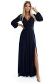 572-1 NELA połyskująca długa suknia z dekoltem i długim rękawkiem - GRANATOWA-7 10738