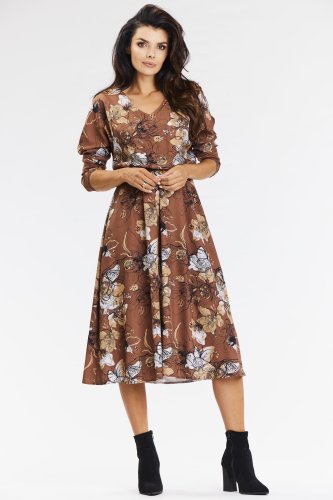 Zwiewna sukienka kimonowa midi z długimi rękawami Brązowa