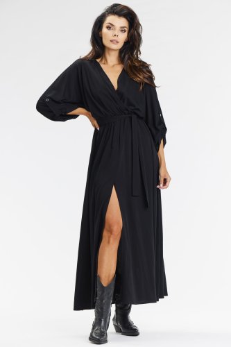 Luźna, kopertowa sukienka maxi z wiskozy Czarna