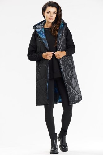 Długa dwustronna kamizelka z kapturem na zamek Czarna