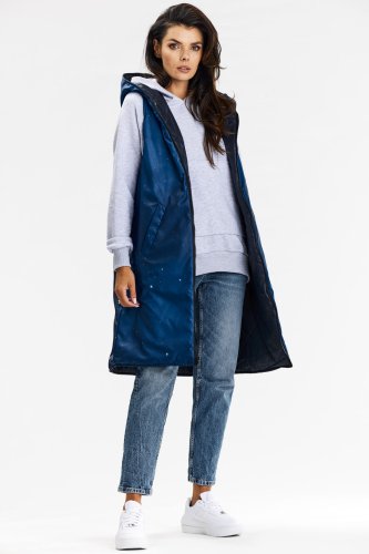 Długa dwustronna kamizelka z kapturem na zamek Granatowa