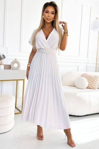 Plisowana letnia sukienka midi z dekoltem i szerokim paskiem Ecru