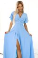 581-3 JENNIFER długa suknia z rozcięciem na nogę, rękawkiem i dekoltem - BŁĘKITNA-4 11153