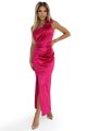 580-5 AURORA Długa satynowa sukienka na jedno ramię z różą i rozcięciem | Różowa-9 11221