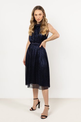  Zwiewna, trapezowa sukienka midi z dekoltem halther Granatowa